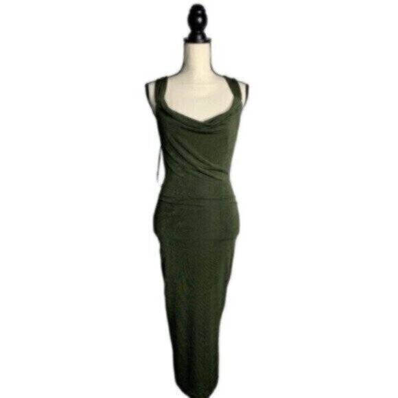 NWT Jluxlabel Olive Draped Back Fitted Silhouette Midi Dress With Crysta… - Picture 5 of 10
